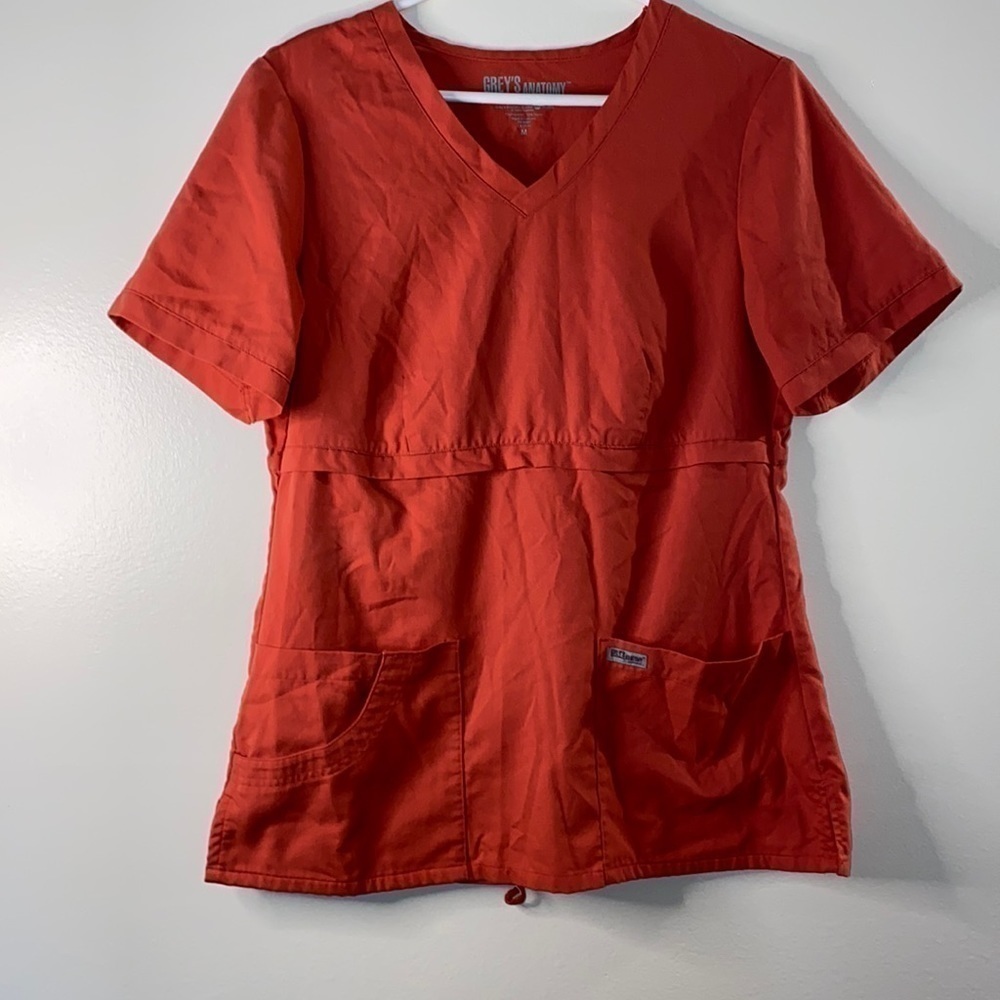 GREY'S Anatomy Orange Scrub Top  with Pockets and Cinch corded Waist Size Medium